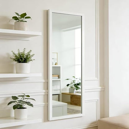 whitebeach 48" x 16" Over The Door Full Length Mirror Wall Mounted Hanging with 2 Metal Hangers for Bedroom Living Room Bathroom White
