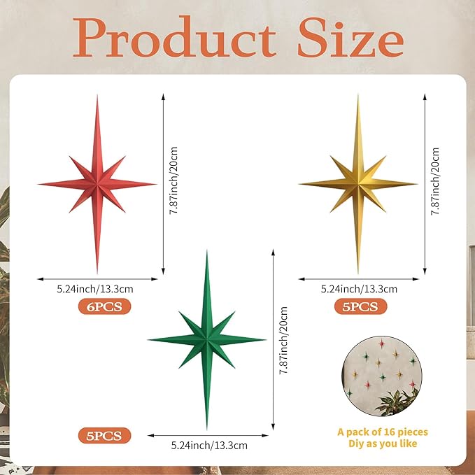 MidModArt 16PCS Mid Century Modern 3D Star Wall Art Gold Retro Starburst Sculptures Vintage Celestial Home Decor, Colored Starburst-Combo