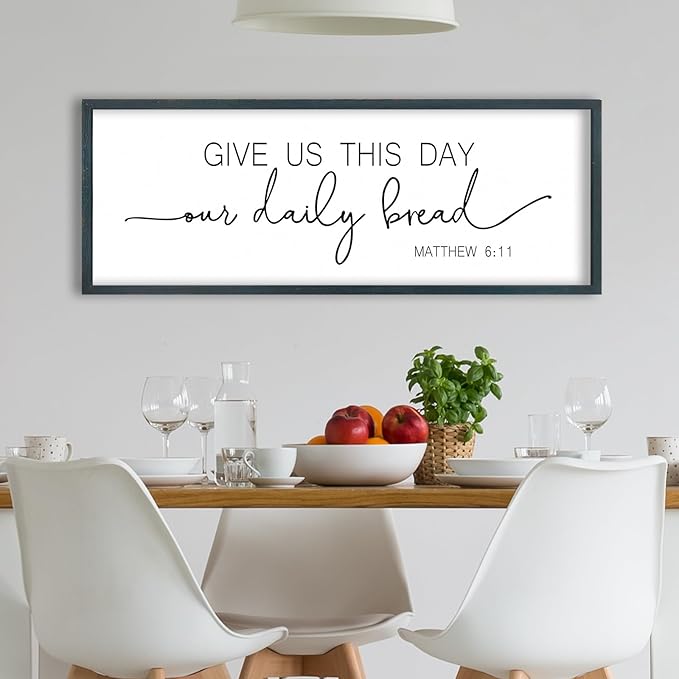 FZMHASLWW Give Us This Day Our Daily Bread Sign Wall Art 32"x12" Dining Room Kitchen Large for Matthew 6:11 Wood Framed Wall Decor (Black)