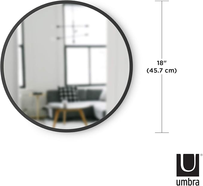 Umbra Hub Round Wall Mirror with Rubber Frame, Modern Style for Bathroom, Entryway, Living Room and More, 18-Inch, Black