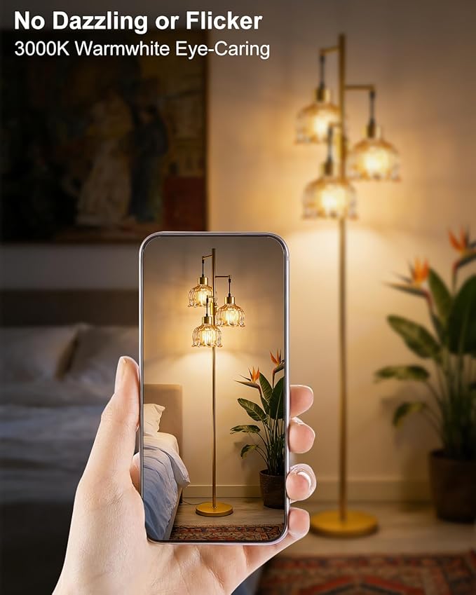 3-Light Modern Glass Floor Lamp, Gold Standing Tall Lamp with Amber Vertical Rib Glass Shade for Reading, Dimmable LED Floor Lamp with 5Lbs Heavy Base for Living Room Bedroom Home Decor, Bulb Included