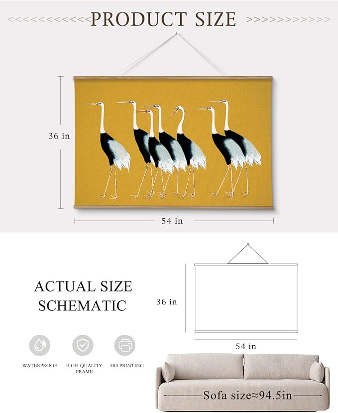 InSimSea 36x54 Extra Large Canvas Scroll Wall Art, Vintage Seven Cranes Wall Decor, Oversized Animal Painting Prints for Living Room, Bedroom, Dining Room, Office