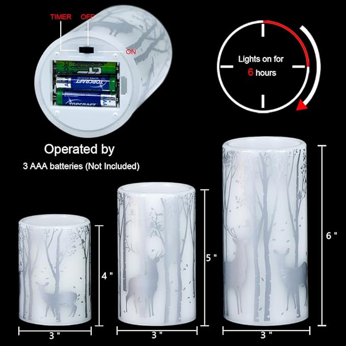 Silver Deer Flameless Flickering Candles Battery Operated with 6H Timer, 3 Pack Real Wax Warm Light LED Pillar Candles Dinner Tabletop Holiday Centerpiece Decor 3" x 6"