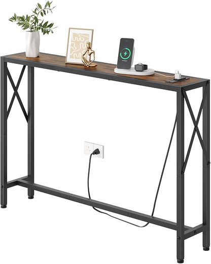 Gewudraw 41.8" Console Table, Narrow Behind The Couch Table with Outlet, Industrial Skinny Stand for Hallway, Entryway, Living Room, Bedroom, 6.5 Feet Power Cord,Rustic Brown
