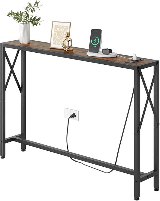 Gewudraw 41.8" Console Table, Narrow Behind The Couch Table with Outlet, Industrial Skinny Stand for Hallway, Entryway, Living Room, Bedroom, 6.5 Feet Power Cord,Rustic Brown