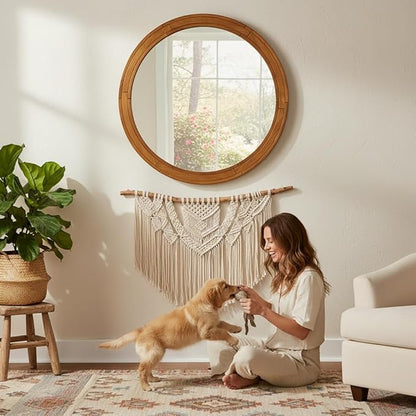 ZIYOO 30 Inch Round Wood Wall Mirror, Farmhouse Rustic Circle Mirror, Wall Mounted Decorative Mirror for Bathroom Vanity, Living Room, Entryway, Bedroom, Vanity, Hallway