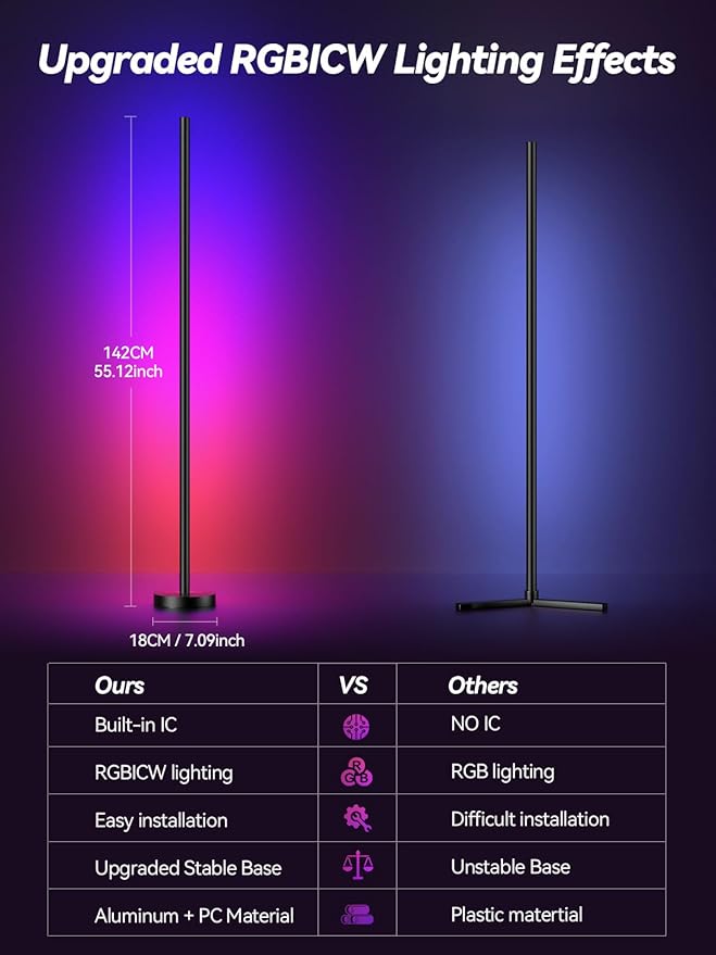 BrilliLux RGBICW LED Corner Floor Lamp with App & Remote Control - 16 Million Colors, 68+ Scene Modes, Music Sync, Smart Lighting for Living Room, Bedroom, and Gaming Room