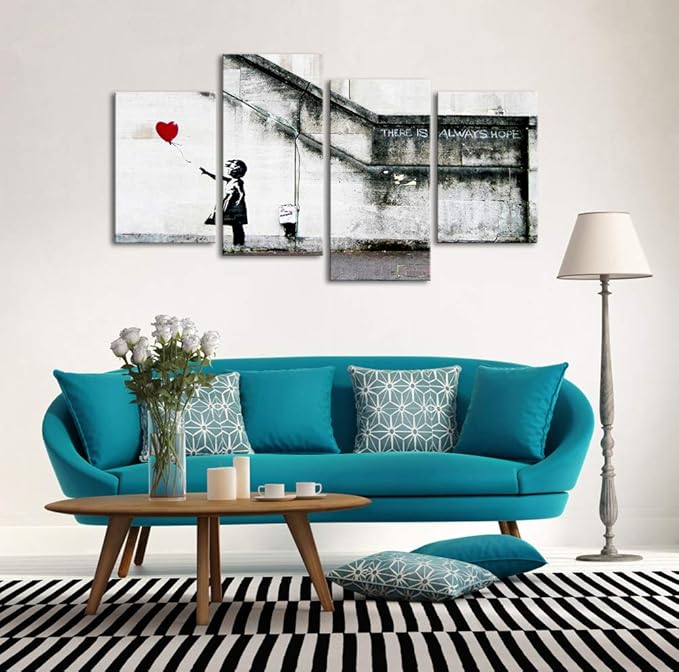 Wieco Art Famous Canvas Paintings Wall Art Banksy Grafitti Girl with Red Balloon Modern Large 4 Piece Inspirational Grey Love Giclee Pictures Print Artwork for Dining Room Kitchen Home Office Decor