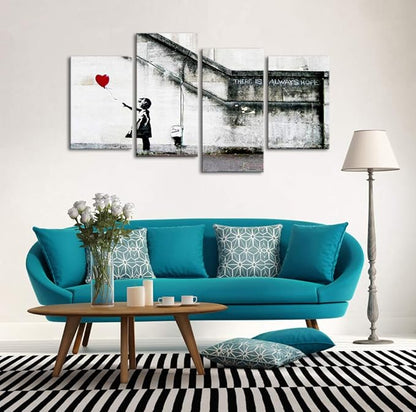 Wieco Art Famous Canvas Paintings Wall Art Banksy Grafitti Girl with Red Balloon Modern Large 4 Piece Inspirational Grey Love Giclee Pictures Print Artwork for Dining Room Kitchen Home Office Decor