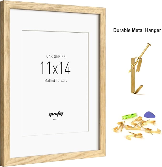 Yaetm 11x14 Oak Wood Picture Frame with Mat for 8x10 Set of 3, Natural Solid Wood 11x14 Frame with Tempered Glass for Wall Gallery & Home (3 Pack, Oak)