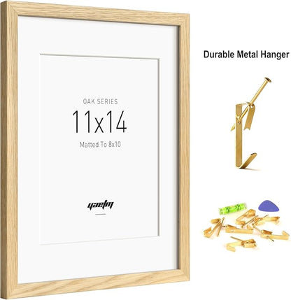 Yaetm 11x14 Oak Wood Picture Frame with Mat for 8x10, Natural Solid Wood 11x14 Frame with Tempered Glass for Wall Gallery & Home (Single, Oak)