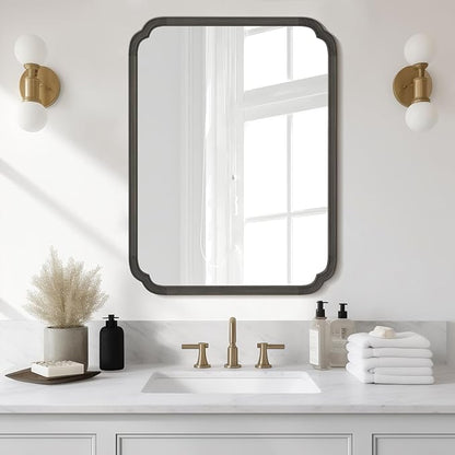WallBeyond 30" x 40" Rounded Corner Arch Wall Mirror with Wood Frame for Entryway, Living Room or Bedroom Home Decor - Light Woodgrain [30 x 40 inches, Black]