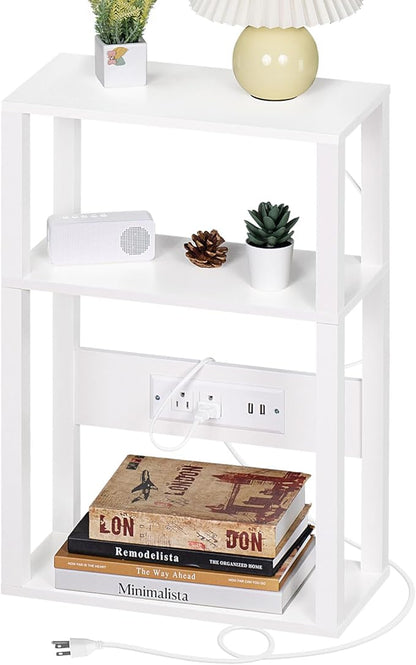 YUFAM 3-Tier Small Narrow Wood Side Table Set of 2 with Charging Station - Skinny Nightstand for Small Spaces, Slim Bedside Table with USB Ports and Outlets - Thin End Table with Storage, White