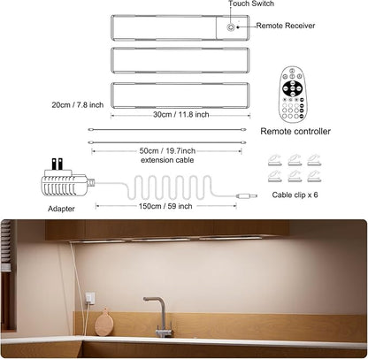 Diomart RGB Under Cabinet Lights with Remote, Dimmable Plug-in/Hardwired LED Light Bar for Kitchen Counter, 12 Inch, 3 Pack | Multi-Color Modes for Desk, Closet
