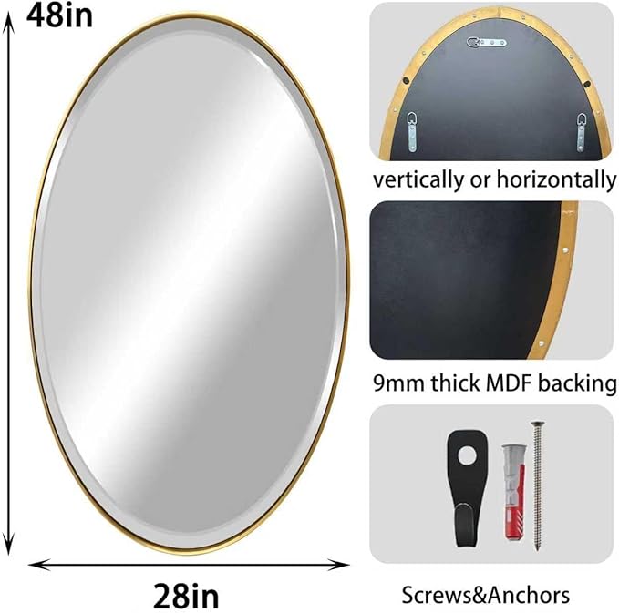 POZINO Oval Beveled Mirror, 28"x48" Brushed Gold Bath Mirror with Stainless Steel Frame, Modern Vanity Wall Mirrors for Living Room Bedroom Hallway Entryway, Hangs Vertically or Horizontally