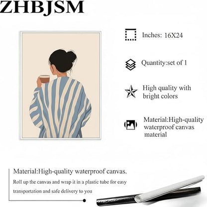 ZHBJSM Modern Minimalist Woman Wall Art Blue White Stripe Sweater Coffee Cup Soft Warm Tone Home Bedroom Living Room Kitchen Cozy Relaxed Inviting Interior Decor Accent Piece 16x24 Inch Unframed