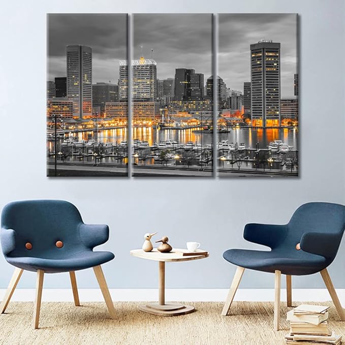 TUMOVO 3 Pieces American Cityscape Canvas Paintings Home Decor Baltimore Skyline Wall Art for Living Room City Skyscrapers Artwork Modern Home Decor Framed Ready to Hang (42" Wx28 H)