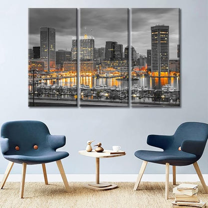 TUMOVO 3 Pieces American Cityscape Canvas Paintings Home Decor Baltimore Skyline Wall Art for Living Room City Skyscrapers Artwork Modern Home Decor Framed Ready to Hang (42" Wx28 H)