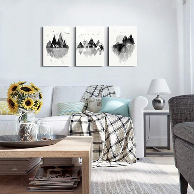 hyidecorart Canvas Wall Art For Living Room Large Wall Decor For Bedroom Office Decoration Black And White Abstract Wall Painting Geometry Mountain Wall Pictures Artworks Room Home Decor 3 Piece