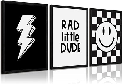 Boys Room Wall Art Decor Toddler Nursery Canvas Wall Art Baby Kids Wall Decor Black Checkered Smiley Poster Pictures Retro Playroom Rad Little Dud Art Prints for Bedroom 16x24x3 Inch Wood Framed