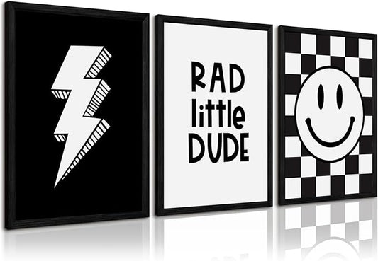 Boys Room Wall Art Decor Toddler Nursery Canvas Wall Art Baby Kids Wall Decor Black Checkered Smiley Poster Pictures Retro Playroom Rad Little Dud Art Prints for Bedroom 16x24x3 Inch Wood Framed