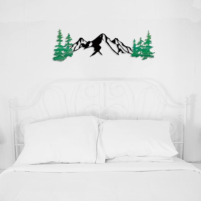 Yuzhuo Metal Mountain Wall Art Decor, Mountain Forest Silhouette Art Suitable for Living Room Bedroom Indoor Outdoor Garden Home Decoration (Green, 34.5L x 11W)