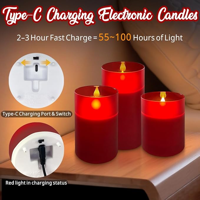 LEDHOLYT Rechargeable Flameless Candle, Flickering LED Pillar Glass Fake Candle with Remote and Timer, Built-in Battery Real Wax Electronic Candle for Room Decoration, Set of 3