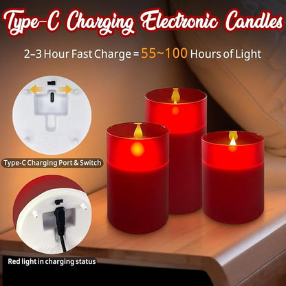LEDHOLYT Rechargeable Flameless Candle, Flickering LED Pillar Glass Fake Candle with Remote and Timer, Built-in Battery Real Wax Electronic Candle for Room Decoration, Set of 3