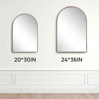Arched Wall Mirror 24" x 36",Antique Gold Metal Beaded Frame, Decorative Accent Mirror for Bathroom, Living Room, Entryway & Bedroom