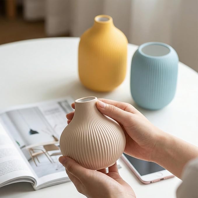 Colorful Small Ceramic Vases Set of 3, Matte Vertical Ribbed, Minimalist for Pampas Dried & Fresh Flowers, Centerpiece for Living Room,Shelf, Wedding (Light Blue, Mustard Yellow, Beige)