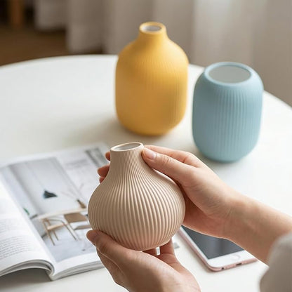 Colorful Small Ceramic Vases Set of 3, Matte Vertical Ribbed, Minimalist for Pampas Dried & Fresh Flowers, Centerpiece for Living Room,Shelf, Wedding (Light Blue, Mustard Yellow, Beige)