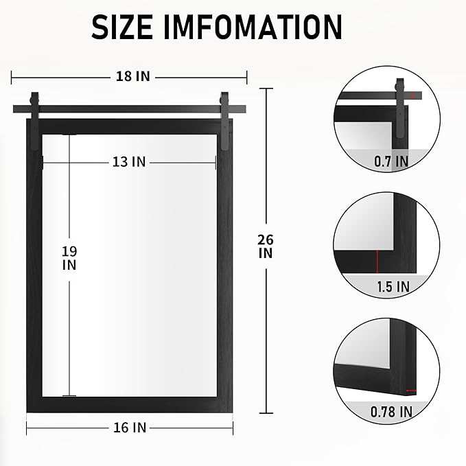 Black Farmhouse Mirror for Wall, 18x26INCH Wood Framed Square Bathroom Mirrors for Vanity, Barn Door Style Mirrors Wall Mounted Dresser Decor Mirror Living Room Bedroom Vertical