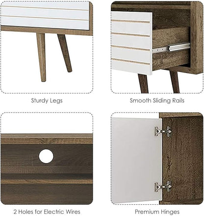 Tangkula Mid-Century Modern TV Stand for TVs up to 70" - Wooden Console Table with Storage Shelves, Cabinet and Drawer, Living Room Entertainment Center (Walnut & White)