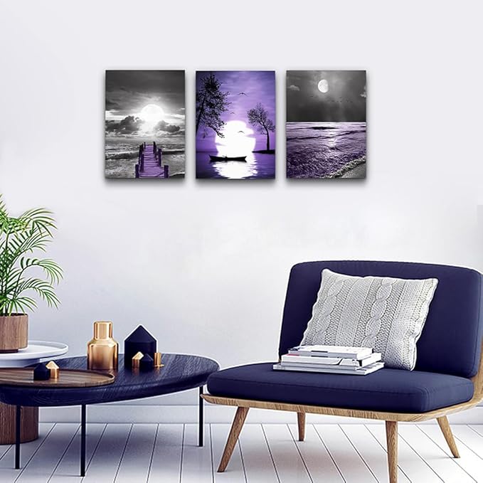 Lapremoly Black And White Purple Ocean Landscape Large Wall Decor For Living Room Canvas Wall Art For Bedroom Wall Painting Office Bathroom Wall Decor Family Posters Modern Home Decorations 3 Piece