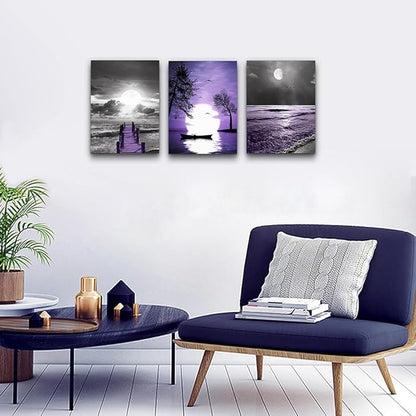 Lapremoly Wall Decorations - Canvas Wall Art for Living Room, Bedroom & Office - Black & White Wall Painting - Purple Ocean Landscape - 3 Panels