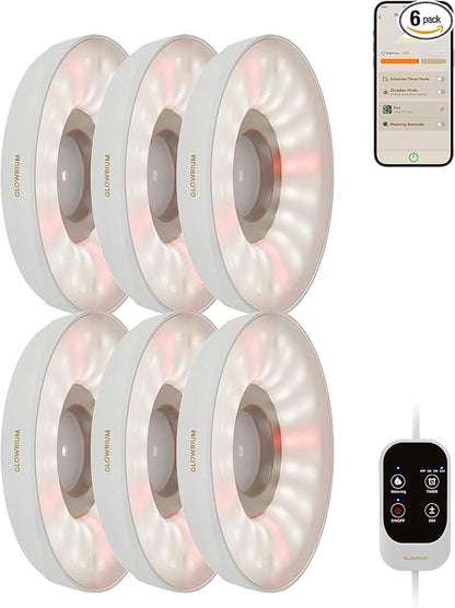 GLOWRIUM Grow Lights for Indoor Plants, Full Spectrum Puck Grow Light with Manual & APP Control, 48W(6 x 8W) Plant Lamp Auto-Timer, Plant Assistant 10 Levels Dimmable for Plant Shelf (6 Packs,White)