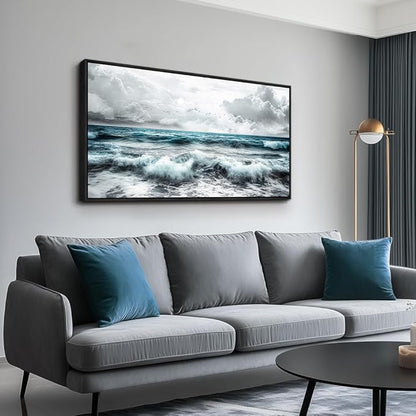 ERQINHUA Black And White Beach Canvas Wall Art For Living Room Wall Decoration For Bedroom Office Wall Decor Blue Sea Wave Printing Pictures Artwork Home Decor Painting Black Framed 24x48 In