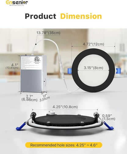 Ensenior 4 Pack 4 Inch LED Recessed Light, Dimmable, 2700K-5000K 5CCT, 750LM High Brightness, 9W 120V, Damp Rated, Ultra-Thin Canless Wafer Light, Black - ETL & FCC & IC