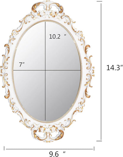 Tstarer Vintage Decorative White Framed Mirror, Small Oval Wall Hanging Mirror - 9.6" W x 14.3" L (White)