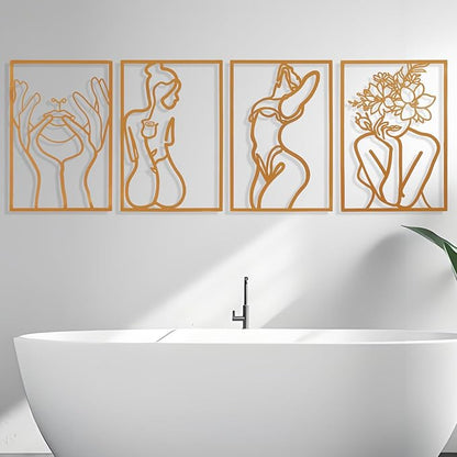 AMAATE Gold Metal Wall Art, 4 Pieces Minimalist Female Body Line Art Sculpture, Hollowed Out Abstract Woman Figure Metal Hanging Decor for Living Room Bedroom Bathroom 14.6" X 22.5" in