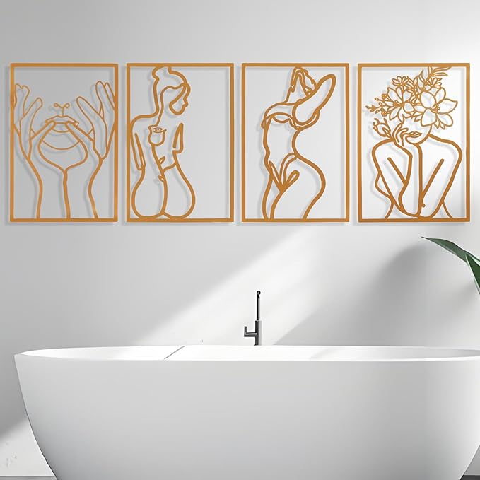AMAATE Gold Metal Wall Art, 4 Pieces Minimalist Female Body Line Art Sculpture, Hollowed Out Abstract Woman Figure Metal Hanging Decor for Living Room Bedroom Bathroom 17.7" X 26.4" in
