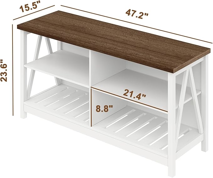 ChooChoo Farmhouse TV Stand for TVs up to 55 Inch, Modern Entertainment Center with 4 Open Shelves & Built-in Cable Holes, Media TV Console for Living Room, Bedroom, White