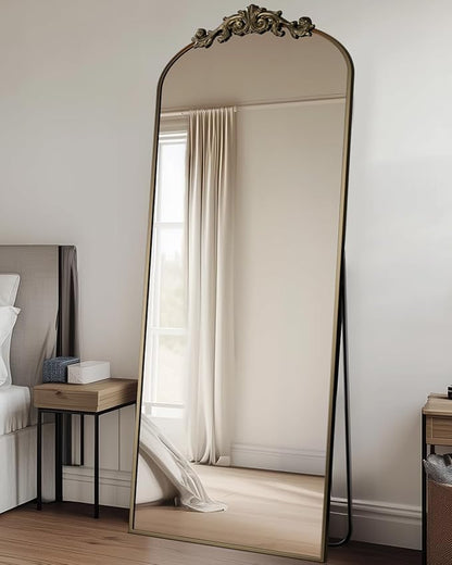 Antok Arched Full Length Mirror, 65"x22" Floor Mirror with Carved, Full Body Mirrors for HomeDecor, Standing/Halling Large Wall Mirror for Bedroom, Living Room, Cloakroom, Bronze, Retro Style