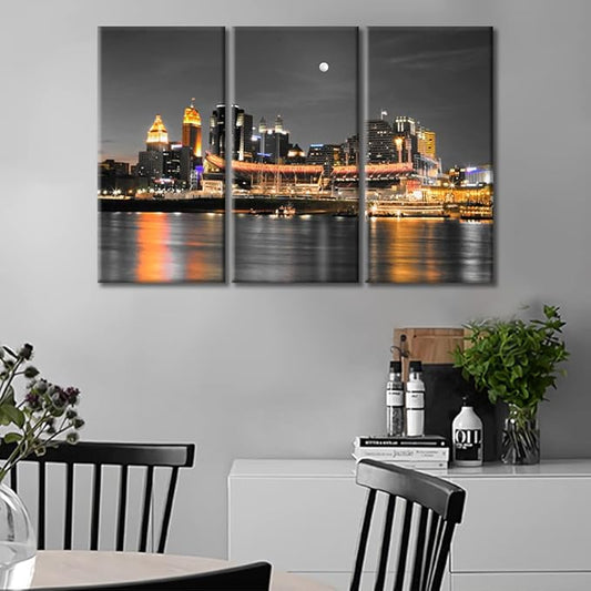 TUMOVO 3 Panel Cincinnati Ohio City Skyline Canvas Wall Art American Skyscrapers Cityscape Pictures Posters and Prints Wall Decor for Bedroom House Decor Framed Ready to Hang (36" Wx24 H)