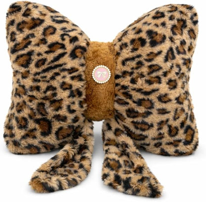 Leopard Print Bow Pillow 16x12 Inch, Cute Plush Bow Shaped Decorative Accent Pillow, Animal Print Room Decor for Bedroom Bed Sofa Chair