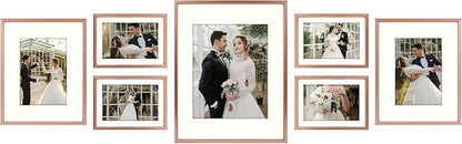 Golden State Art, Picture Frame Set 7 Pack, Gallery Wall Frame with One 11x14, Two 8x10, and Four 5x7. Aluminum Photos Frame for Wall or Tabletop Display (Style 1, Rose Gold, 7 Pack)
