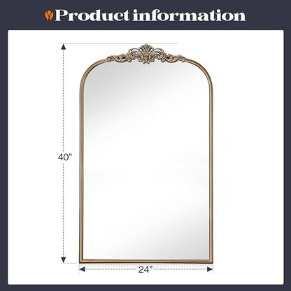 Gold Vintage Mirror, 24” x 40” Arched Ornate Baroque Mirror for Fireplace Mantel, Antique Brass Bathroom Mirrors for Wall with Metal Frame for Entryway, Bedroom, Living Room