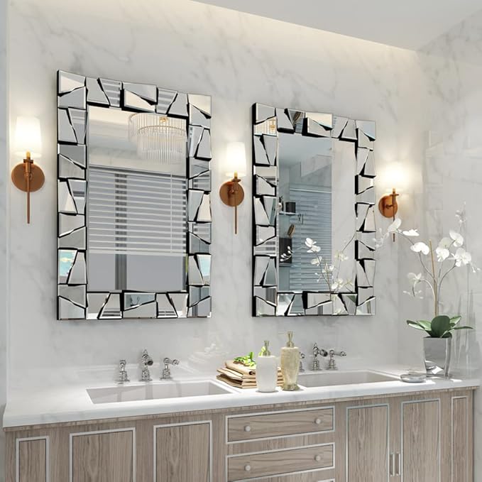Chende Decorative Mirror for Wall, 36" x 24" Living Room Mirror with Uneven Glass Frame, Large Wall Mirror with Beveled Edge for Bathroom, Dining Room, Entryway