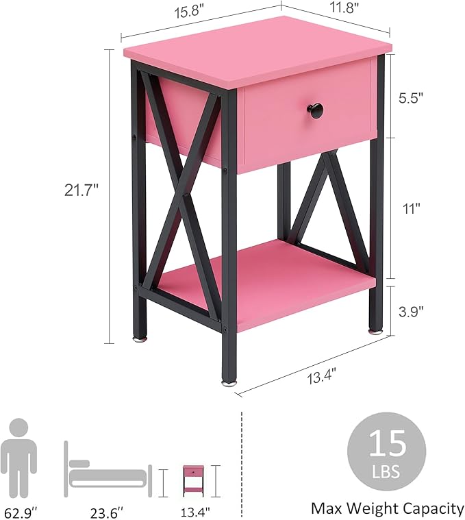 VECELO Nightstands, Modern Bedside End Tables Set of 2, Night Stand with Drawer and Storage Shelf for Living Room Bedroom, Industrial Metal Frame