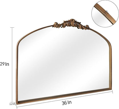 HQiJun Gold Wall Mirror, Large Arched Vintage Baroque Ornate Mirrors, Traditional Decorative Antique Brass Mirror for Entryway, Living Room, Bedroom, Bathroom Vanity, Fireplace Mantel(Gold,29"x36")
